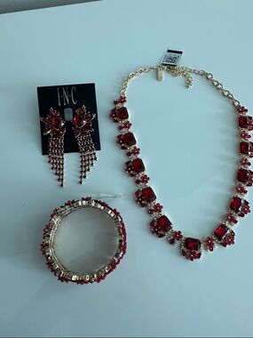 INC International Concepts Red Crystal Necklace, Bracelet & Earrings Set